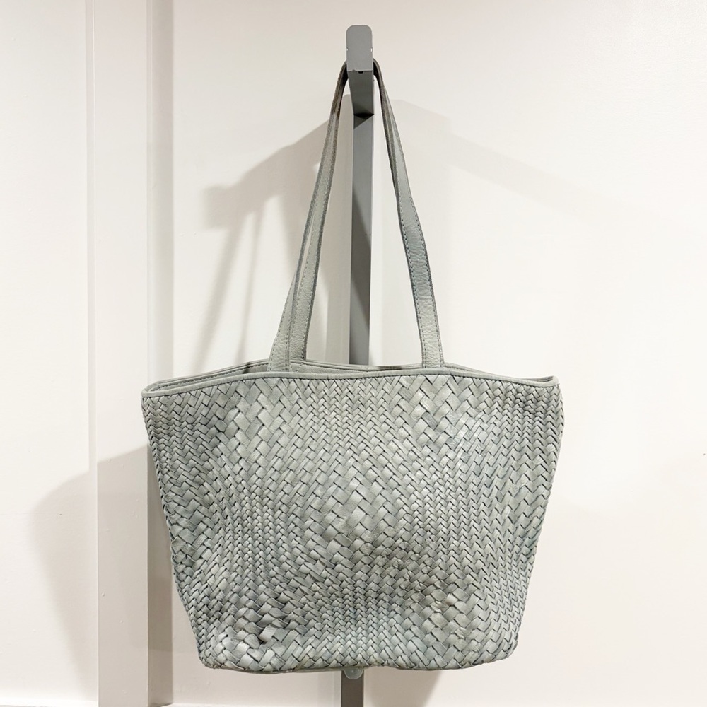 Woven Braided Distressed Leather Medium Shopping Tote Bag Seafoam